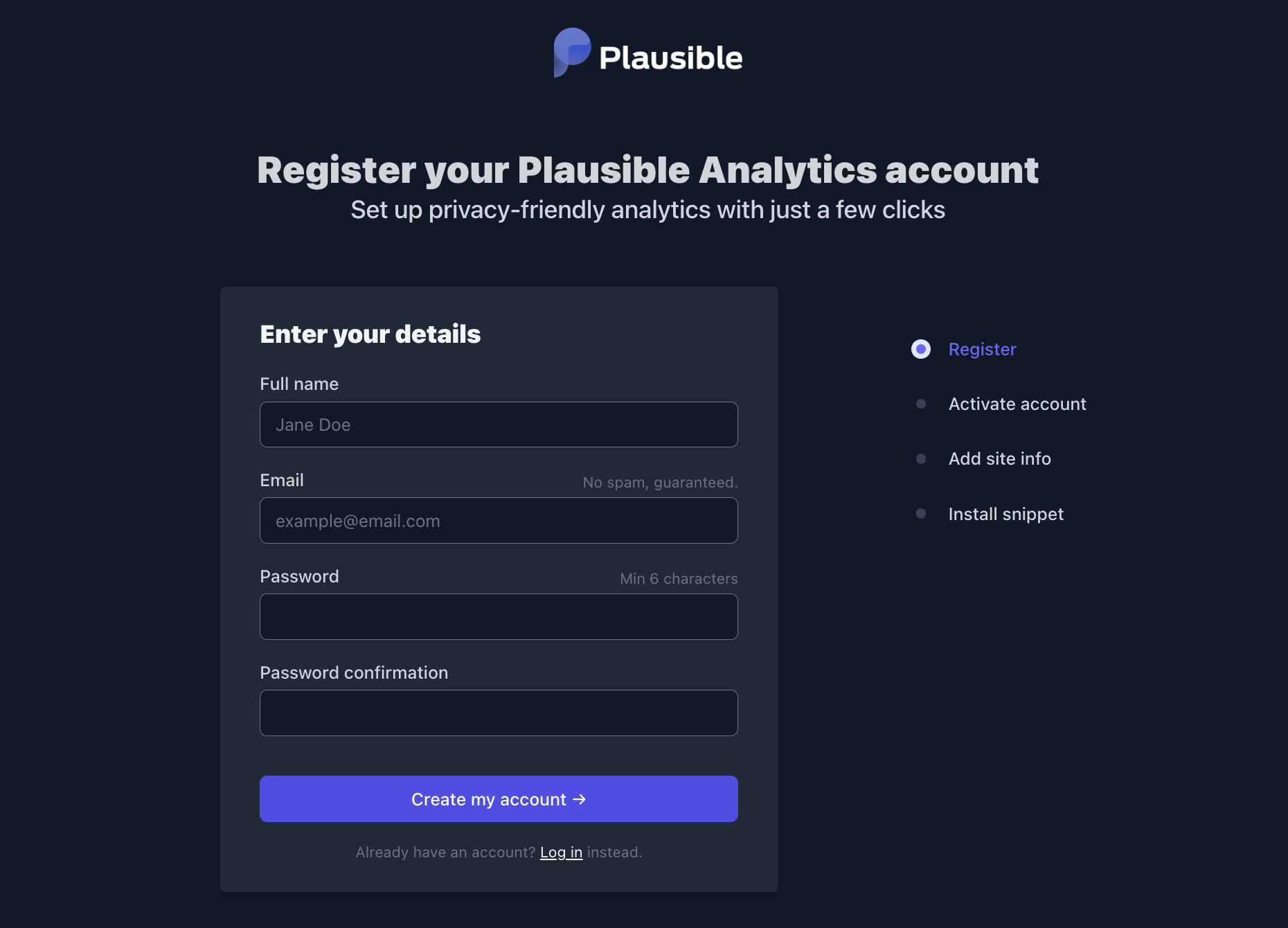 Plausible registration screen